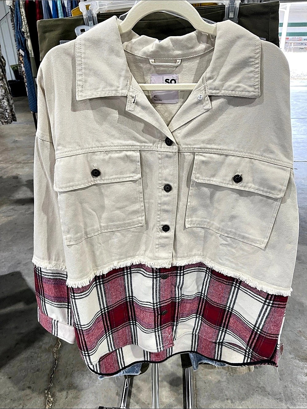 SO Denim Mixed Plaid Pocket Jacket Plaid Denim Jacket in Cream & Red XL NWT